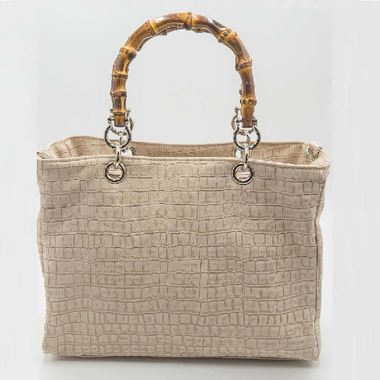 Borsa Kali – Vitello Stampa Coccodrillo Beige Velour con Manici Bamboo | Kinthia Bag