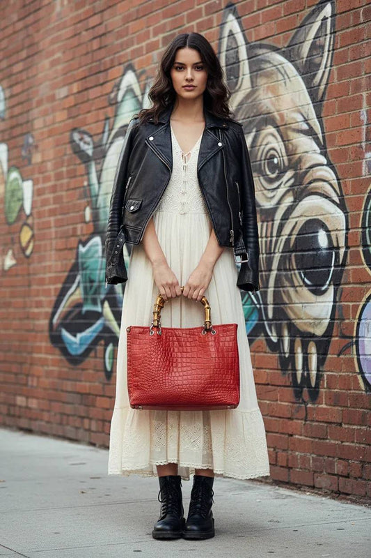 Borsa Kali – Vitello Stampa Coccodrillo Rosso con Manici Bamboo | Kinthia Bag