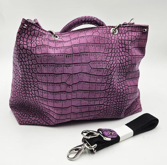 Borsa Kali malva in pelle di vitello effetto velour stampa cocco con manici in pelle e tracolla staccabile.