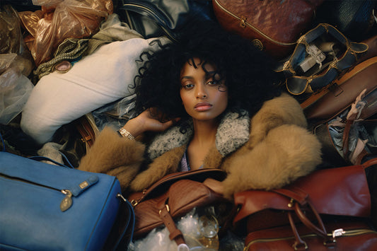 Donna immersa in borse di lusso in pelle — pezzi unici Kinthia Bag