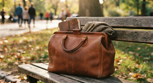 Borsa in pelle artigianale su una panchina nel parco in autunno — Kinthia Bag