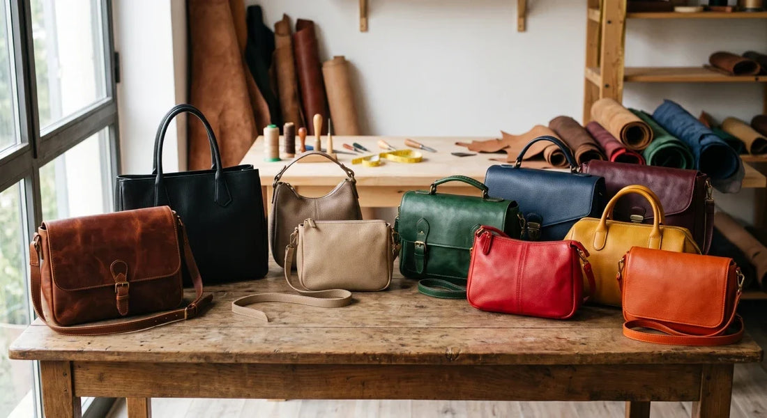 Borse in pelle di diversi colori su tavolo artigianale — guida ai colori Kinthia Bag