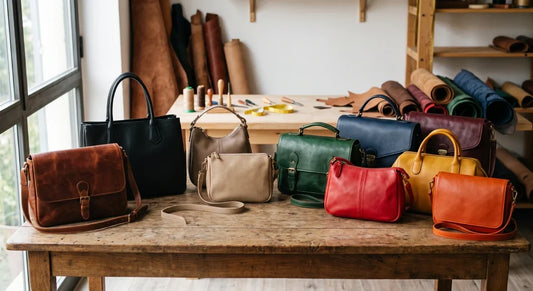 Borse in pelle di diversi colori su tavolo artigianale — guida ai colori Kinthia Bag