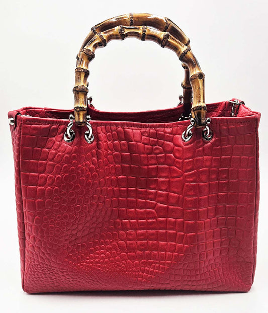 Borsa Kali – Vitello Stampa Coccodrillo Rosso con Manici Bamboo | Kinthia Bag