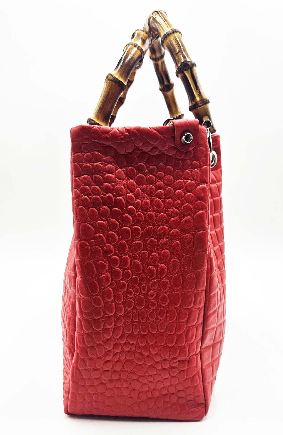 Borsa Kali – Vitello Stampa Coccodrillo Rosso con Manici Bamboo | Kinthia Bag