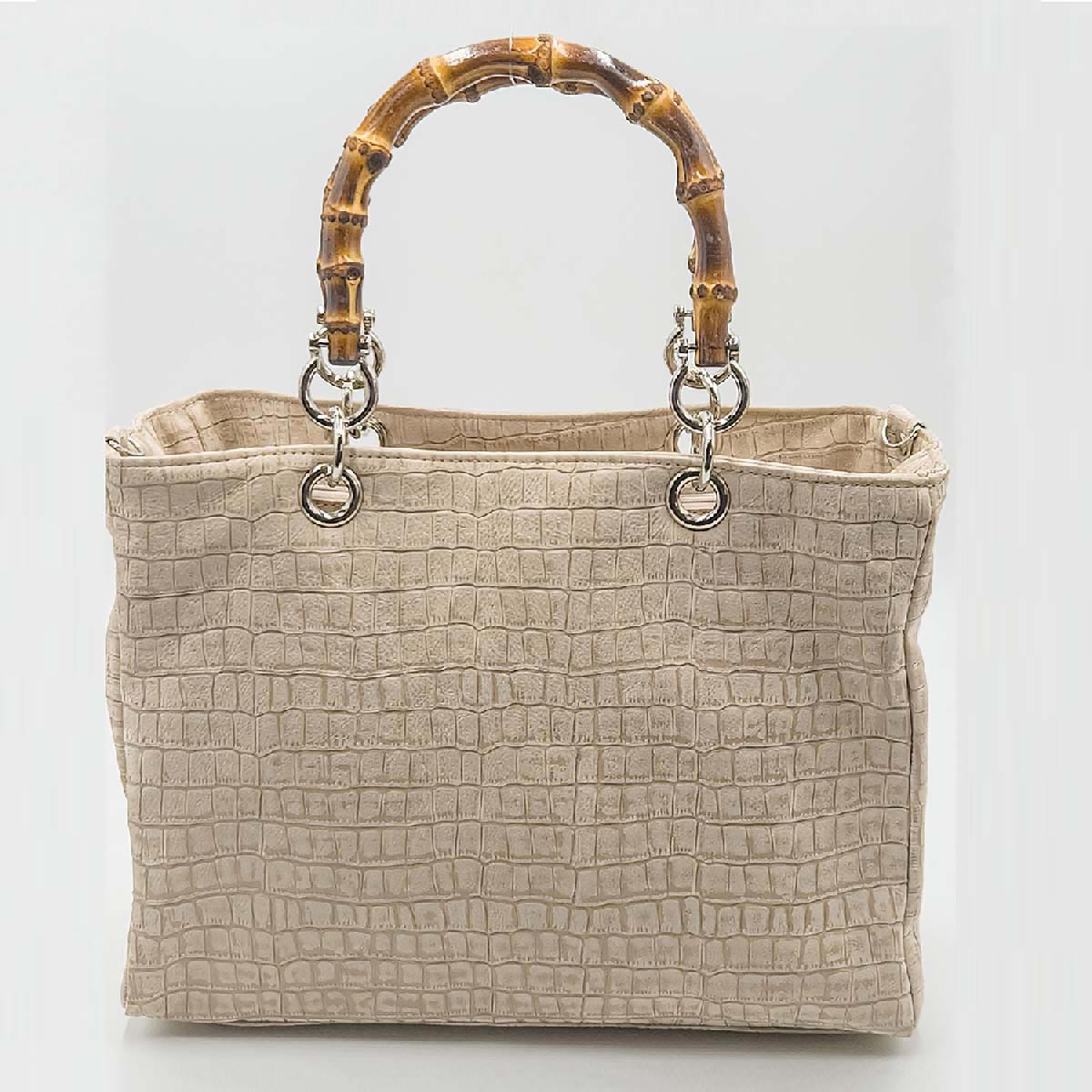 Borsa Kali – Vitello Stampa Coccodrillo Beige Velour con Manici Bamboo | Kinthia Bag