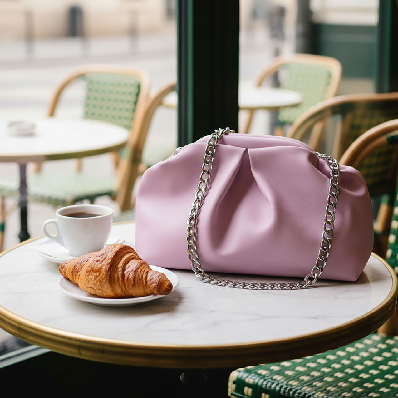 Kinthia Bag – Mini Cloud Pochette – Pastel Pink Leather with Chain